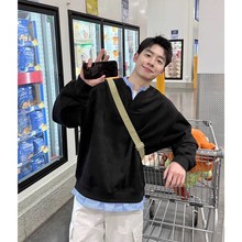 黑色条纹拼接假两件套头长袖卫衣男款秋季穿搭高级感痞帅宽松上衣