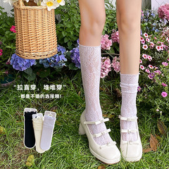 洛麗塔蕾絲花邊小腿襪子女春夏薄款透氣鏤空網眼堆堆襪日系jk襪子