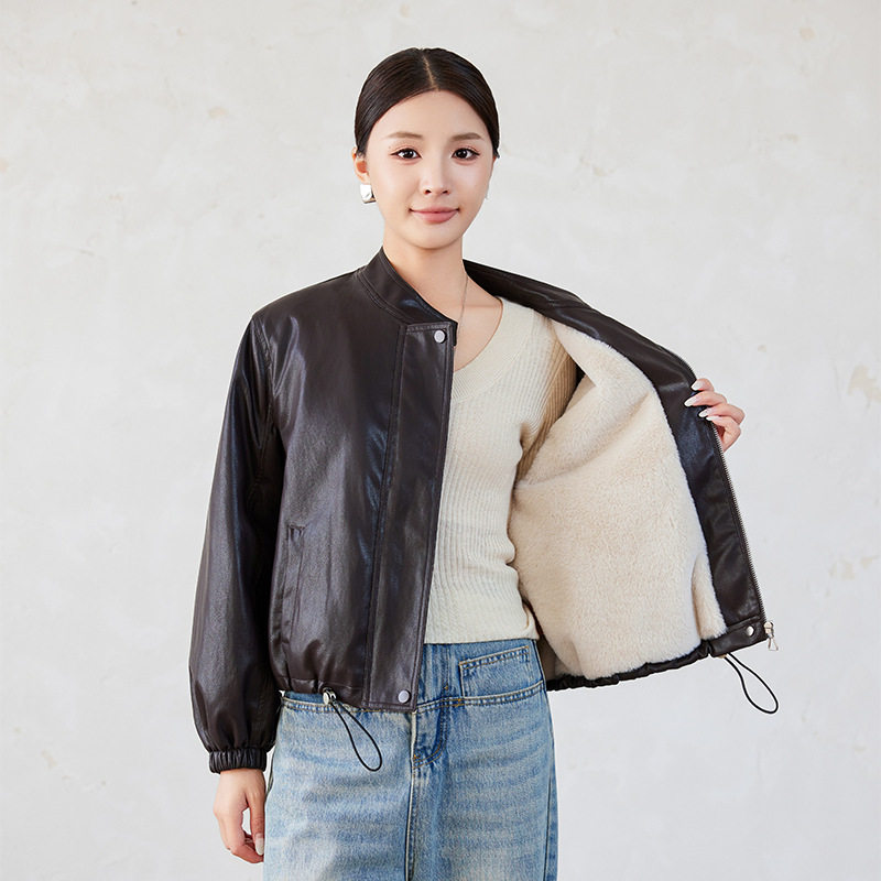 Áo khoác da nữ ngắn cổ đứng lót lông dày dặn — Cà phê đỏ với fleece dày, Màu đen Fleece dày chi tiết 12