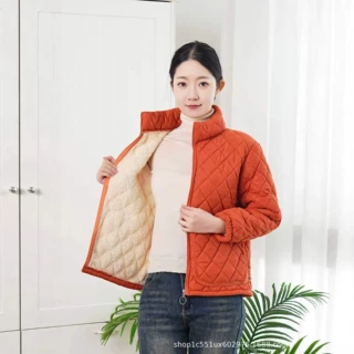 秋冬新款灯芯绒菱格棉衣女加绒加厚保暖立领短款棉服妈妈装外套