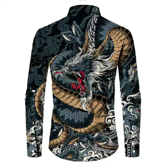 Elastic Bamboo Fiber 2025 Cross-Border New Dragon 3D Printed Spring/Summer Men's Long Sleeve Floral Shirt Fashion Casual