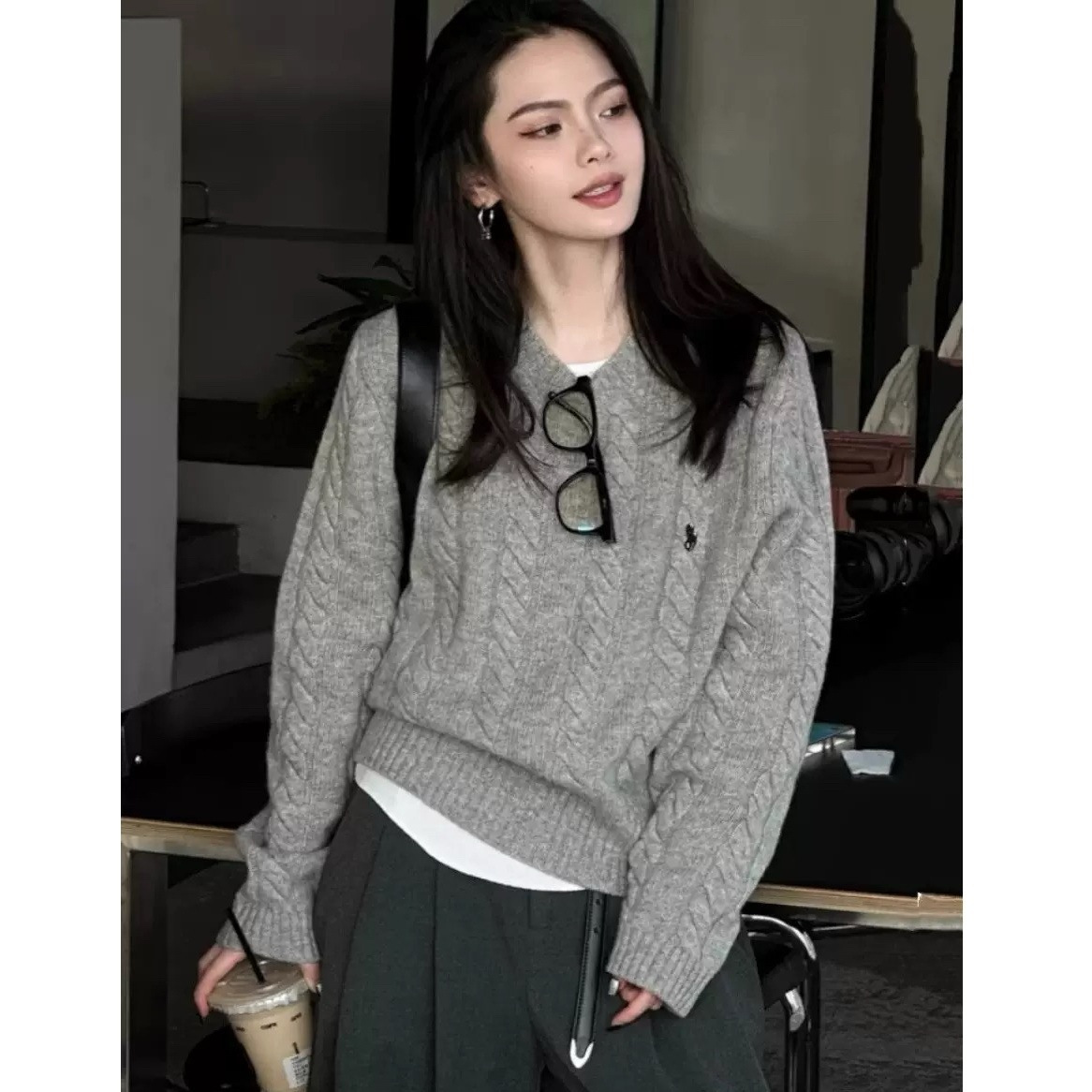 Grey Embroidered Pony Twist Round Neck Pullover Sweater Women's Autumn and Winter Soft Waxy Knitted Shirt Base Top Spring and Autumn