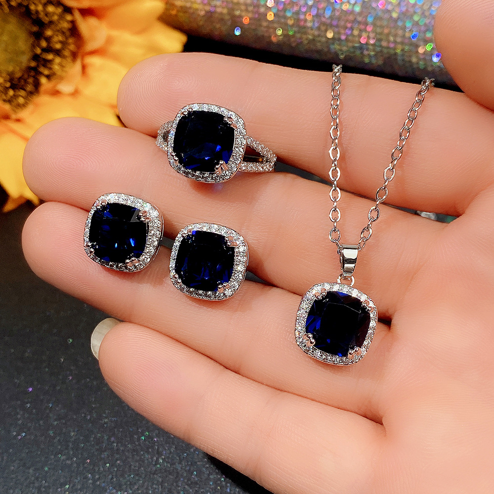 Women'S Gender Luxurious Square Copper Inlay Zircon Rings Earrings Necklace