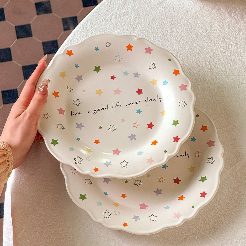 Girl's Bowknot Ceramic Straw Hat Rice Bowl Set, Underglaze Color Tableware, High Aesthetic Value Household Plates