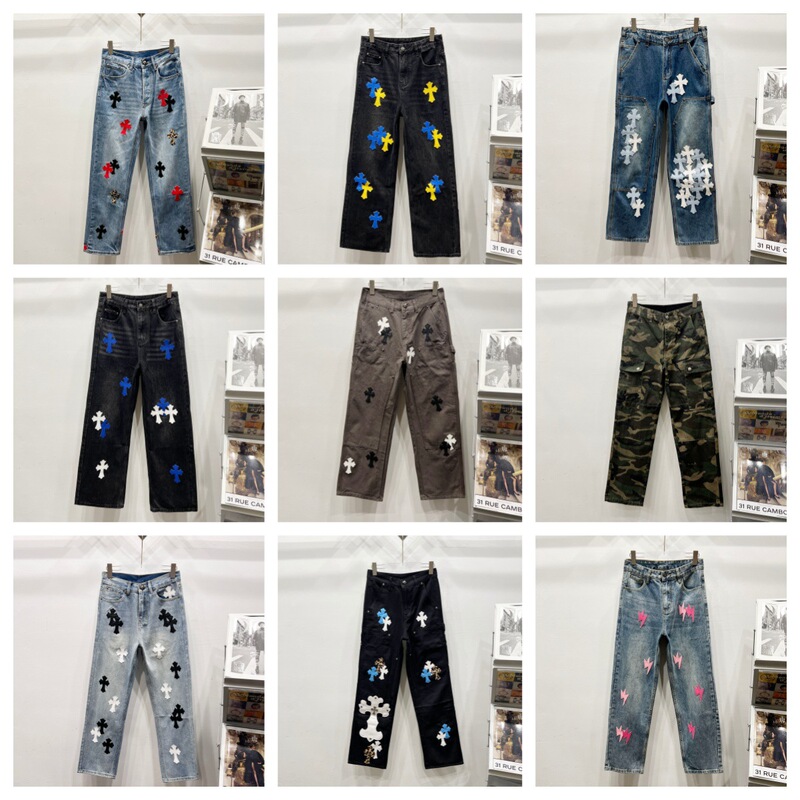 Cross-Border Correct Version Ch Cro Jeans with Blue and White Cross Patchwork Leather, American-Style Loose Fit, Unisex, Cross-Border Trendy Style