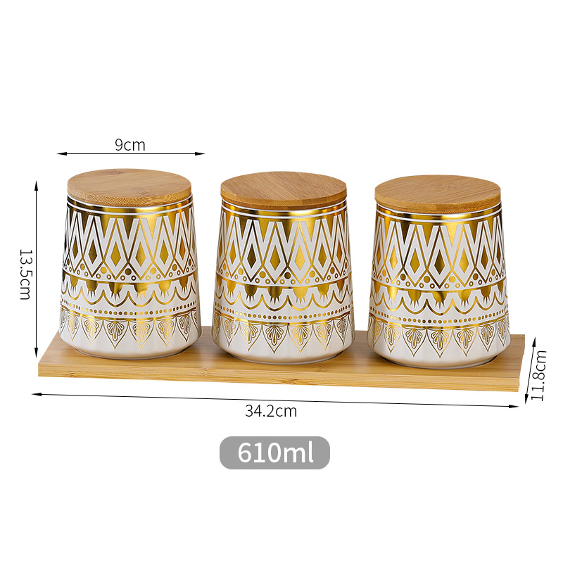 Tanque de sellado de cerámica exportado transfronterizo tanque de almacenamiento cubierta de madera tanque de almacenamiento de té de cocina condimento lata de café set