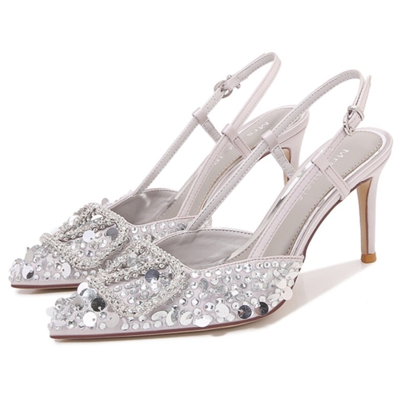 New V-buckle pointed-toe stiletto high heels, pointed-toe sequin-covered women's shoes, pearl-studded elegant fashion shoes, silver party shoes