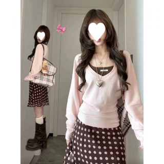 韩系慵懒风轻熟套装女早秋季粉色长袖上衣波点包臀裙子穿搭一整套