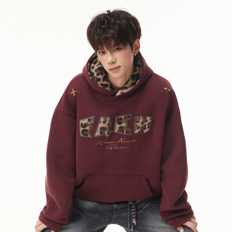 Hanlu | Heavyweight textured leopard print appliqué embroidered American-style men's hoodie, autumn collection, patchwork casual trendy brand sweatshirt