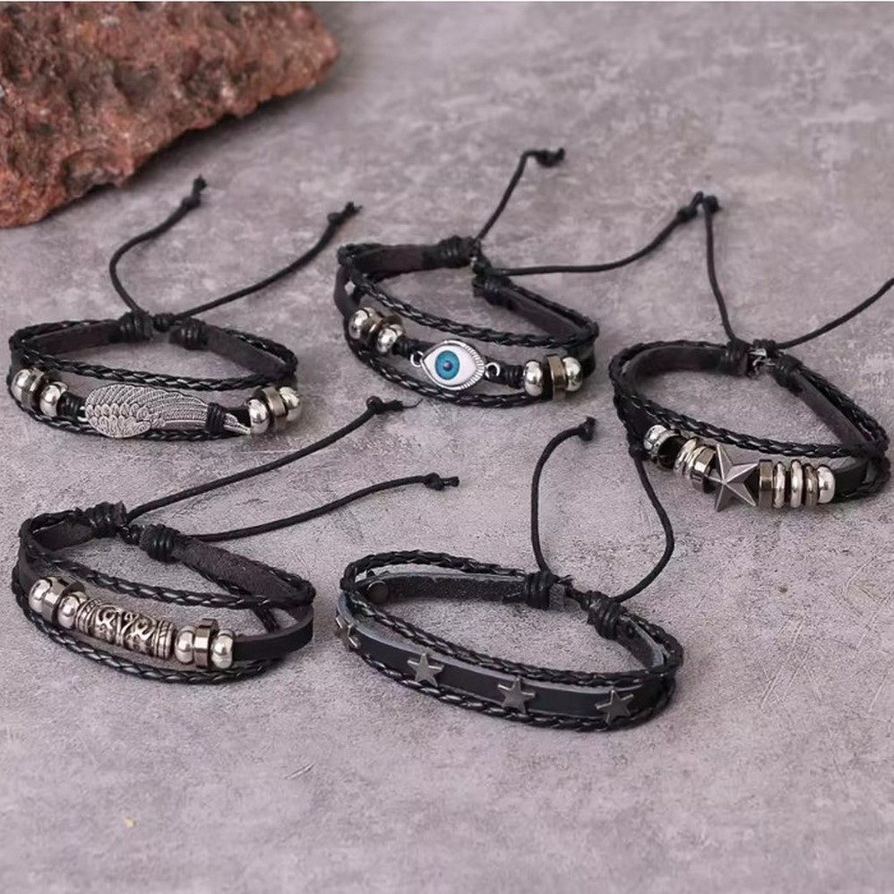 Diy Leather Bracelet Weaving Kit For Men With Skull And Star Beads_voghion.com
