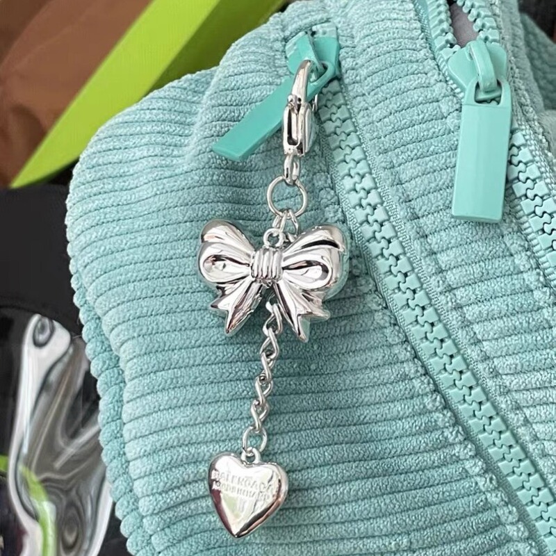 Korean Ins Sweet Girl Silver Heart Bow Chain Pendant Retro Girl Heart Keychain Bag Pendant Y2K