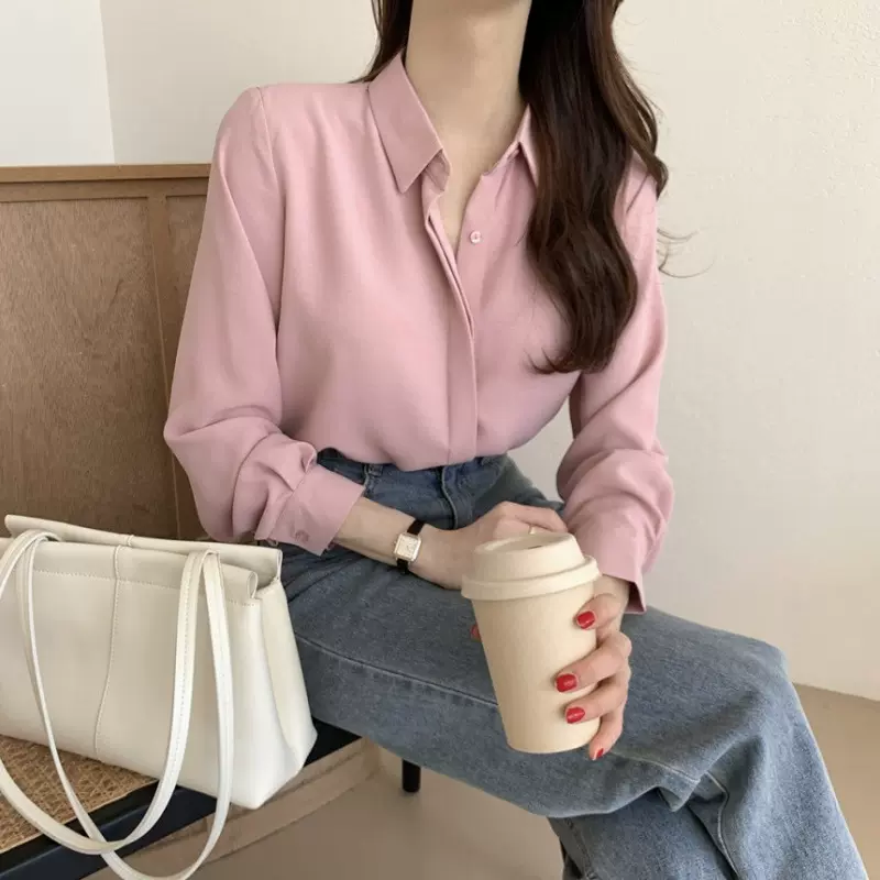 韩国早春法式翻领单排扣长袖衬衣女宽松百搭气质纯色衬衫上衣