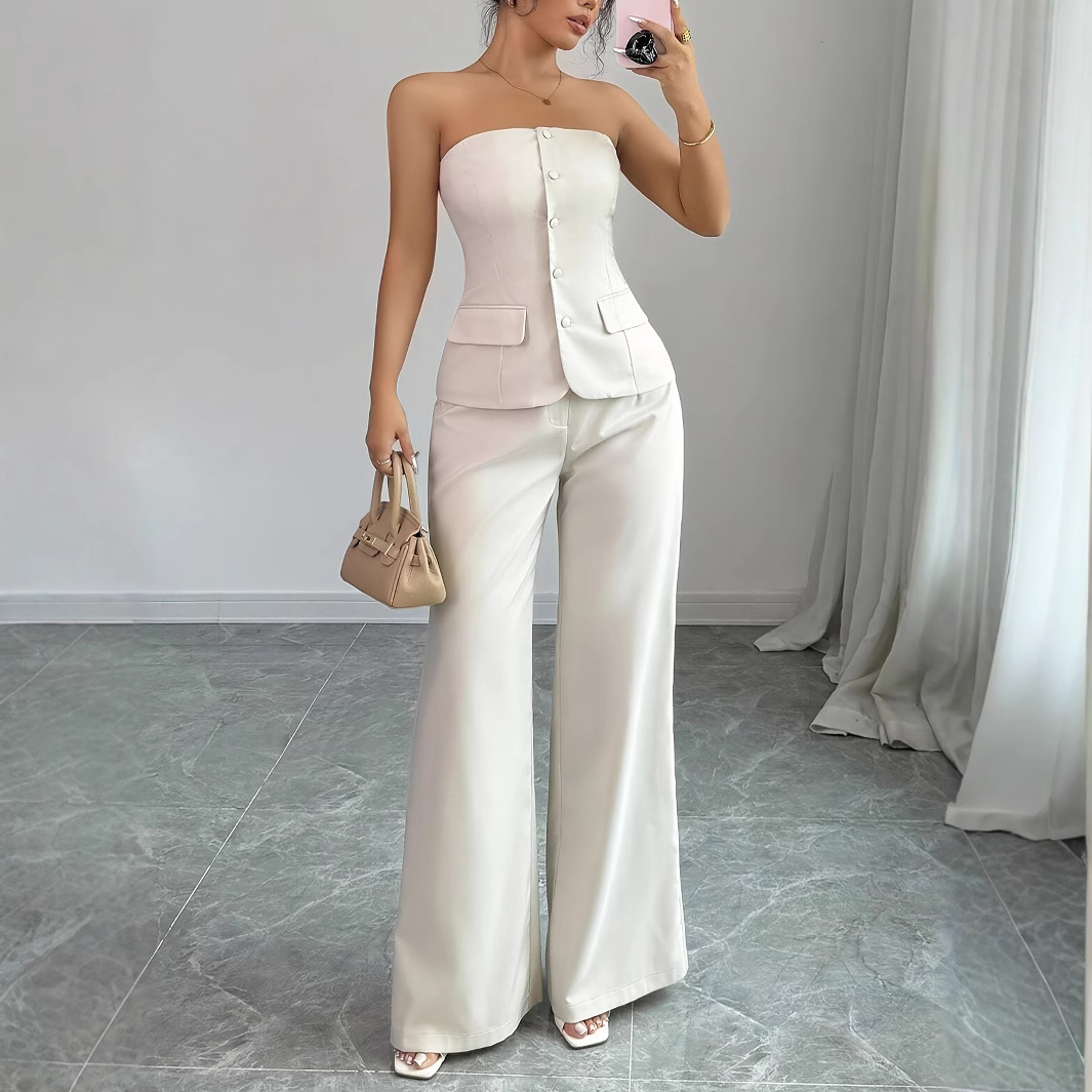 Lässiges Westen-Hosen-Set für Damen – Sommer-Basic mit geradem Bein und drapierter Passform – Atmungsaktives Polyester – Streetwear-Essentials (XS-XL, Weiß)_voghion.com