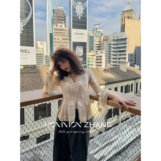 攸吉CZZHANG法式复古蕾丝拼接网纱衬衫女秋季新款提花上衣C13755