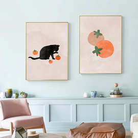 简约北欧手绘猫咪柿子水彩小清新海报客厅壁画帆布装饰画图片画芯