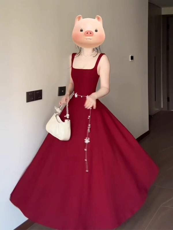 亚马逊速卖通eBay独立站红色吊带连衣裙夏季法式方领无袖收腰长裙|undefined