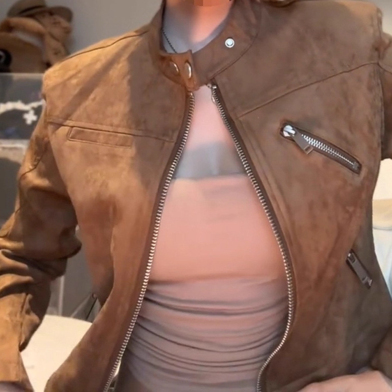 Autumn Style Casual Motorcycle Jacket Top American Retro Brown Deerskin Velvet Short Jacket for Women