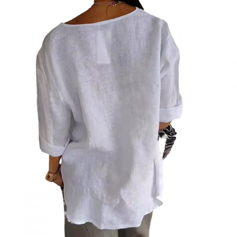 Women's Autumn Loose-Fitting Cotton Linen T-Shirt With V-Neck And Buttoned Design, Available In Plus Sizes For Wholesale_ecoleips.com