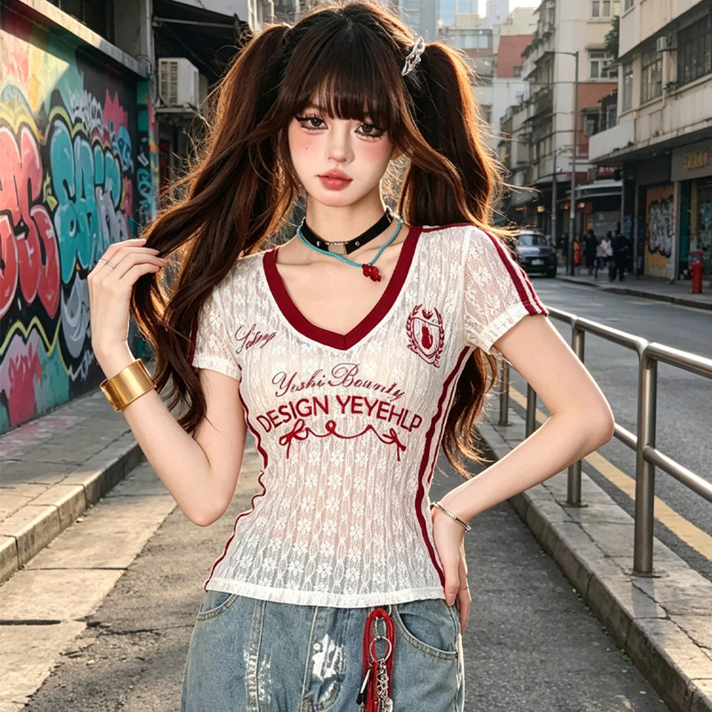 American-Style V-Neck Slightly Sheer Lace Embroidered T-Shirt for Women, New Summer Style, Pure Desire Style, Cool and Quick-Drying Short-Sleeve Base Shirt, Trendy
