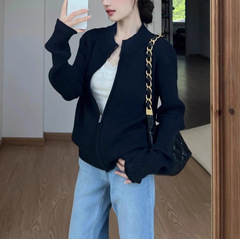 藏青色立领拉链针织开衫外套女秋季穿搭外穿修身短款毛衣内搭上衣