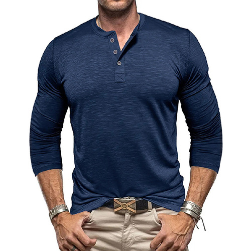 Spring and Autumn Men's T-Shirt Thin Style American Youth Fit Henley Shirt Long Sleeve T-Shirt for Men Bamboo Cotton High Elastic Quick-Drying Clothing