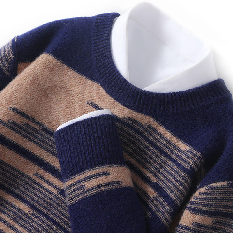 Double Thickened 100 Pure Wool Sweater Men's Crewneck Camouflage Color Split Fashion Casual Pullover Sweater Knitted Sweater