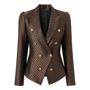 ~ in stock ~ European and American style jacquard dark brown eight-button shoulder pad waist suit jacket cross-border hot selling jacket tide