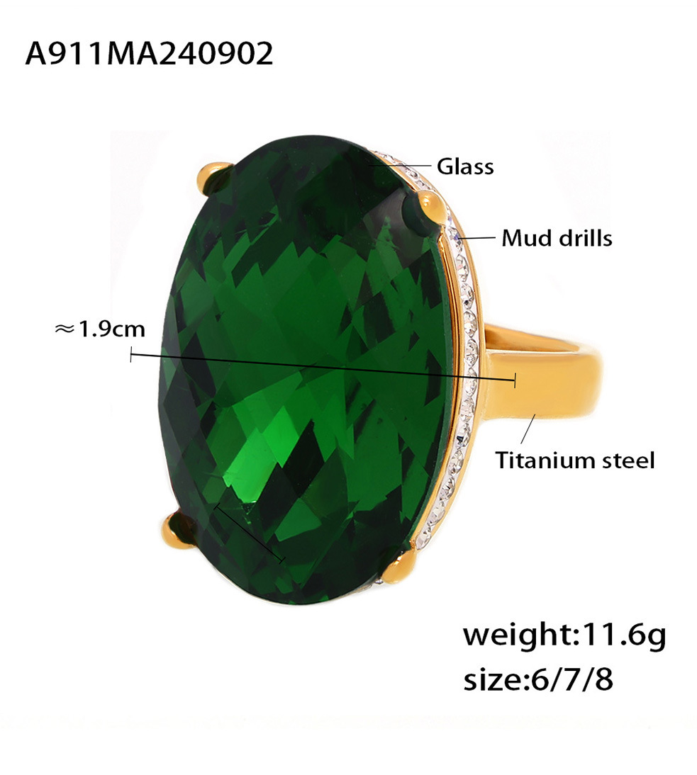 Oval Diamond Large Glass Ring Gold Plated Retro Statement Ring_voghion.com