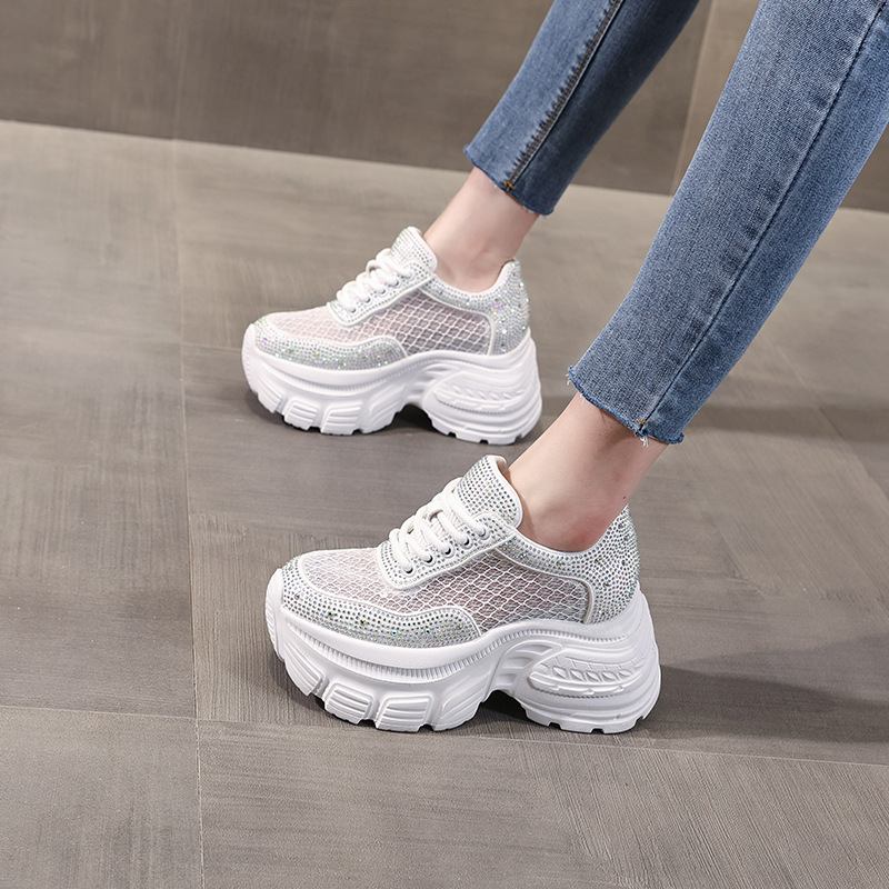 Giày sneaker nữ đế dày lưới thoáng khí đính đá rhinestone — Màu trắng