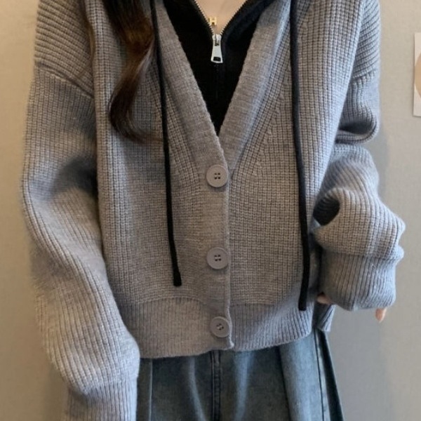 大码假两件短款连帽毛衣外套女秋冬胖mm显瘦遮肚子针织衫开衫上衣|undefined