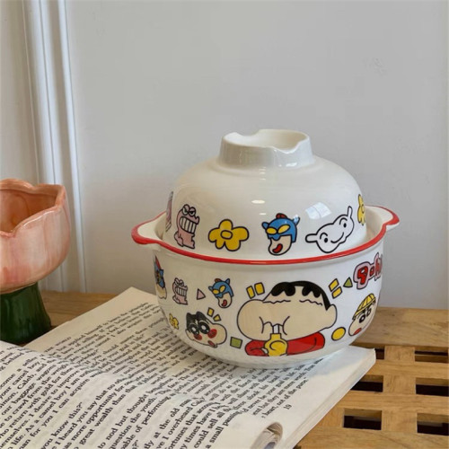 Ins style cute cartoon instant noodle bowl with lid large capacity Japanese girly heart ceramic bowl breakfast bowl household tableware