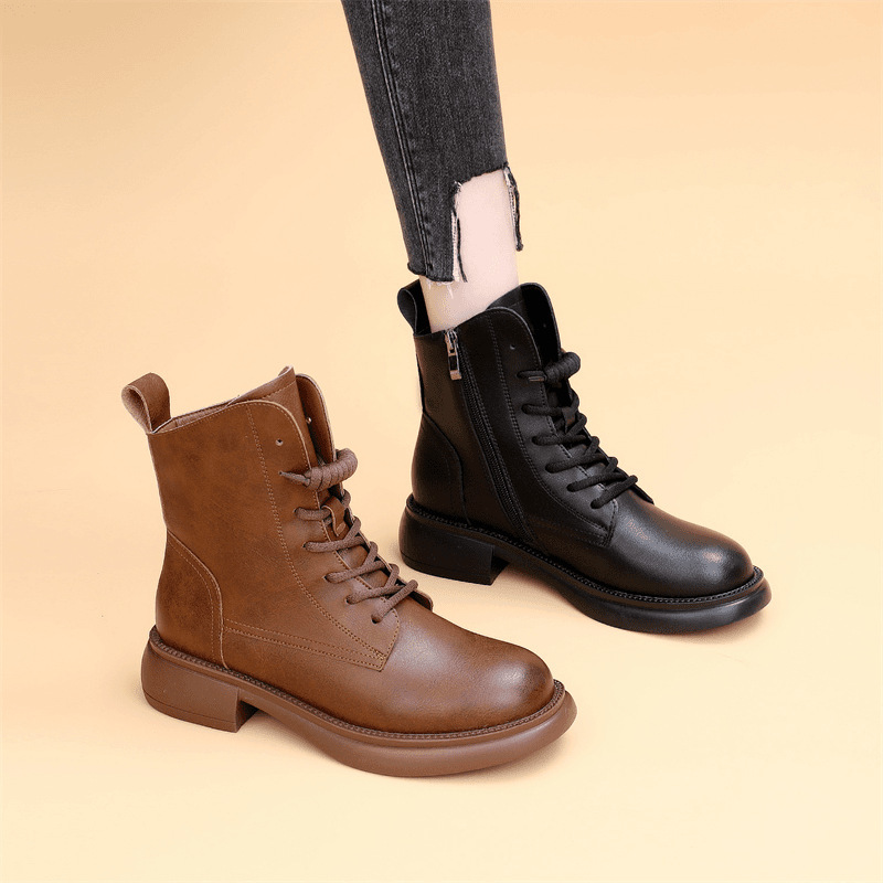 Soft Leather Boots for Women 2025 Autumn and Winter New High-Top Flats-Soled Fashion Versatile Short Boots British Style Showing Small Feet Soft Leather Boots for Women 2025 Autumn and Winter New High-Top Flats-Soled Fashion Versatile Short Boots British Style Showing Small Feet