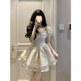 2025夏季新款法式泡泡袖白色连衣裙女小个子收腰显瘦蓬蓬裙公主裙