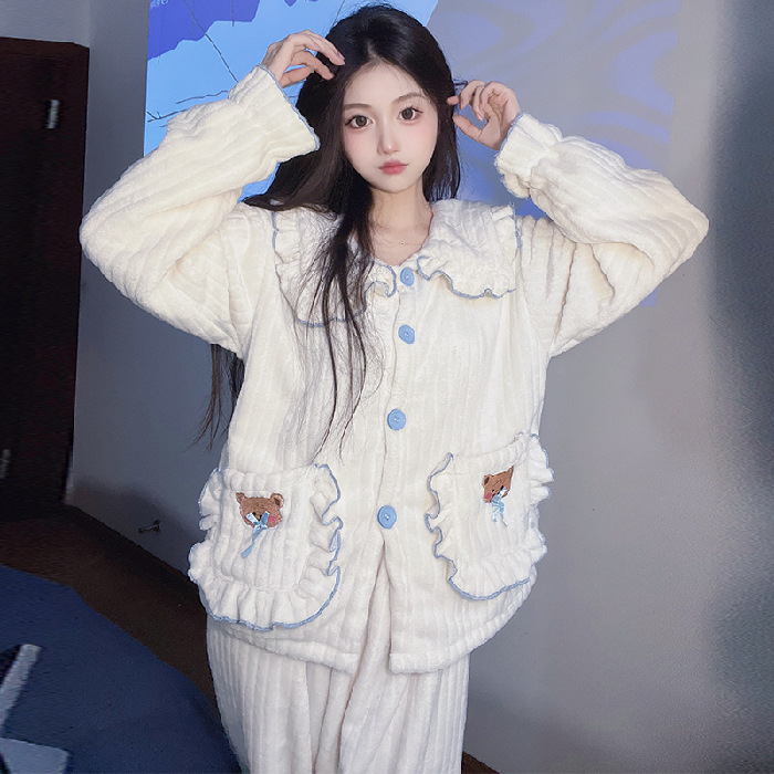 Rosa chica otoño y el invierno cálido coral lana fresca pequeña manga larga gruesa franela desgaste del hogar traje casual