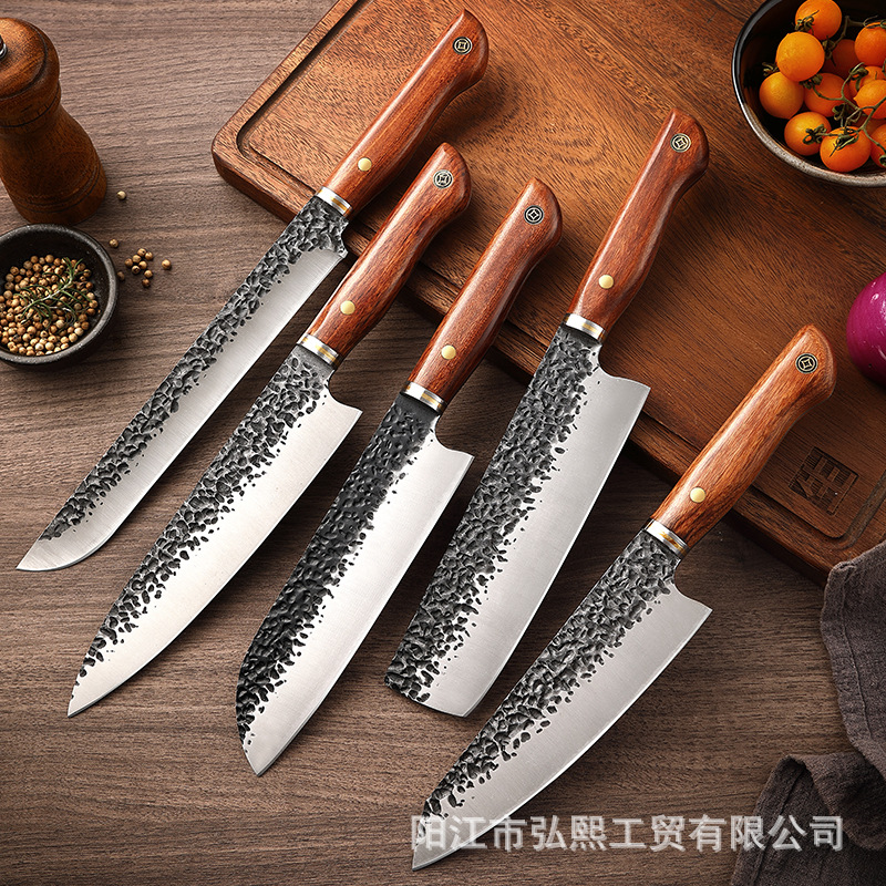 厨房刀具套装西式主厨刀5件套原木柄锤纹料理刀源头工厂跨境菜刀