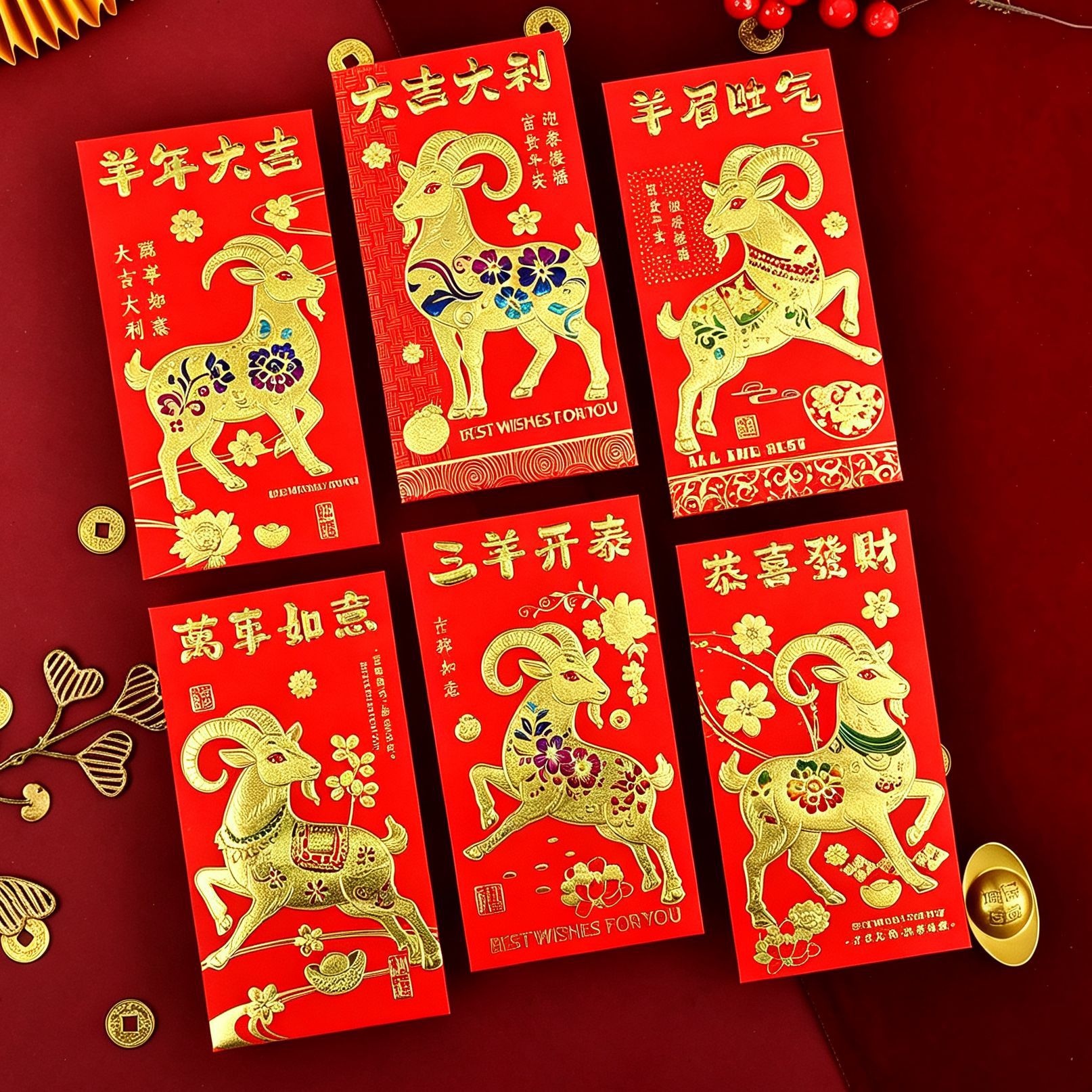 批发艳红纸红包七彩羊年中文大号中号利是封春节节日通用红包袋