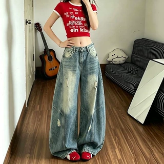 个性原宿阔腿牛仔裤女春秋款新款高腰宽松显瘦时尚拖地牛仔裤潮