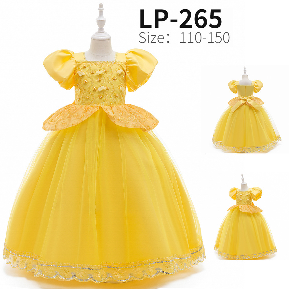 Vestido de princesa Frozen, vestido largo de malla bordada con mangas abullonadas, disfraz de actuación para niñas, vestido de gala para niñas, venta al por mayor