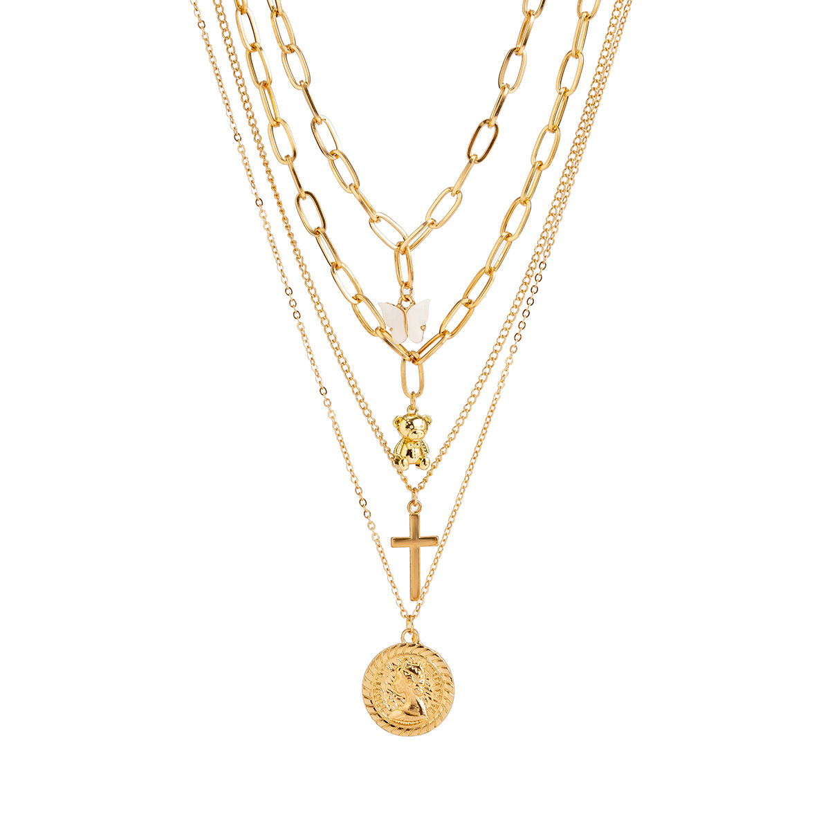 Jewelry Stacked Hip Hop French Set Chain Butterfly Cross Pendant Necklace_voghion.com