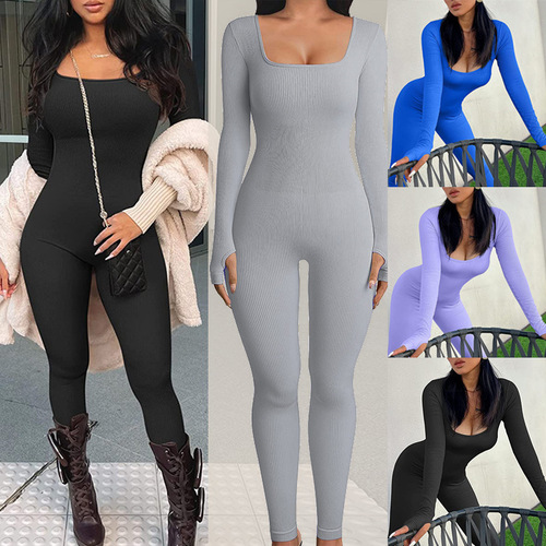 Amazon European and American Women's Fashion Jumpsuit Autumn/Winter New Arrival Ribbed Square Collar Hip-Lifting Slim-fit Sexy Jumpsuit
