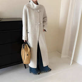 秋冬新款立领围巾牛角扣双面羊毛大衣女长款小个子设计感毛呢外套