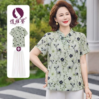 中年妈妈夏装国风小衫t恤2026新款衬衫洋气中老年女装套装上衣服