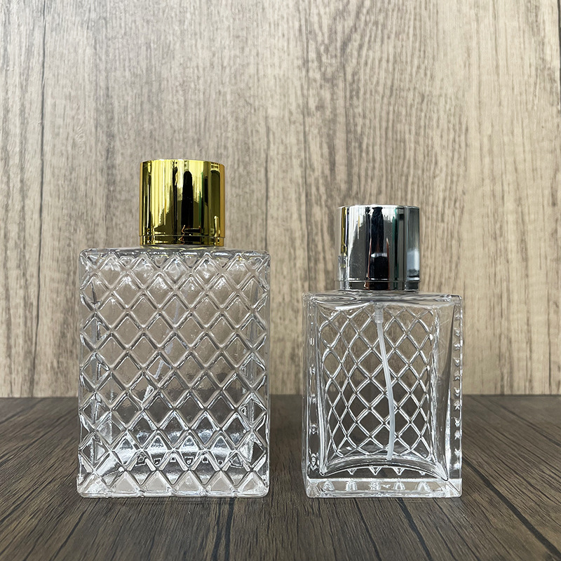 Spot 50ml 100ml botella cuadrada plana forma de celosía botella de vidrio botella de spray botella de perfume botella de frasco botella grande vacía