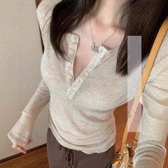 通勤显瘦日常简约半开扣肌理长袖T恤女修身显瘦上衣
