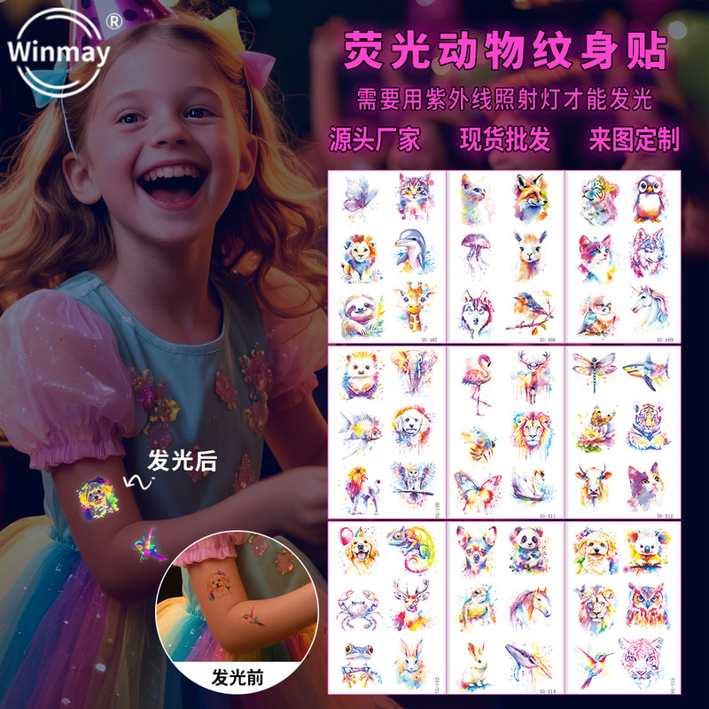 New Kidsren's Fluorescent Tattoo Stickers Cartoon Lion Cat Panda Shark Fluorescent Luminous Watermark Tattoo Stickers