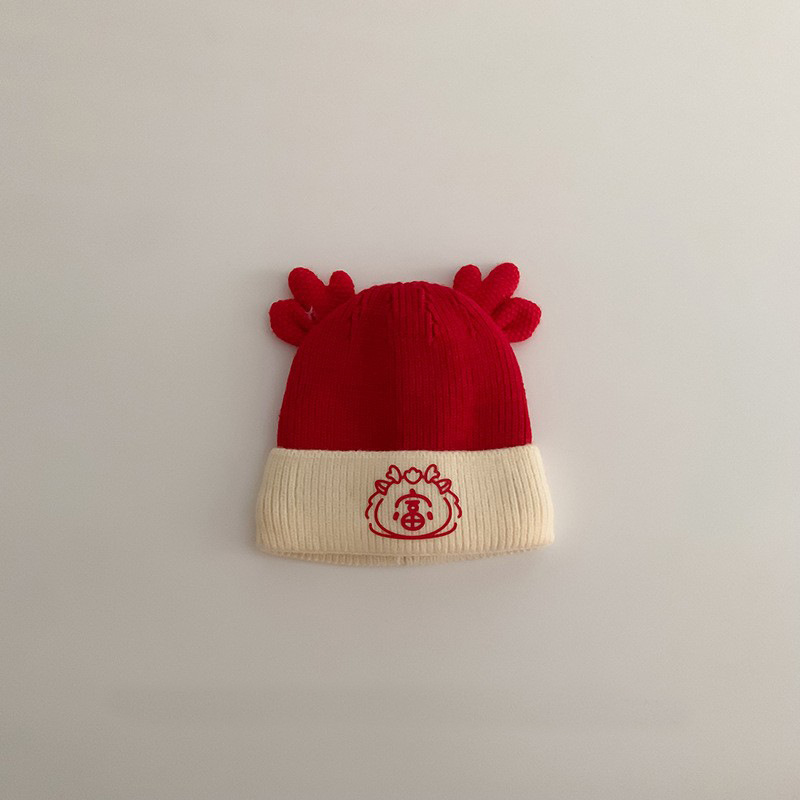 Sombreros para bebés otoño e invierno feliz Año Nuevo rojo grueso calentamiento sombrero de lana para hombres y mujeres bebés pequeños meses sombrero de punto