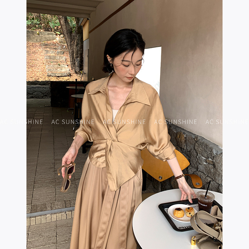 [Special Offer 50% off No Returns or Exchanges] Satin Glossy Waist-Cinching Slimming Design Workwear Shirt for Women 19707
