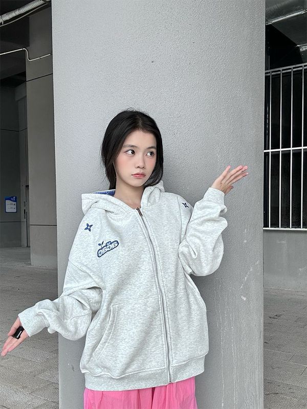 美式街头字母刺绣拼接连帽卫衣女2025秋季新款宽松学院风慵懒上衣|undefined