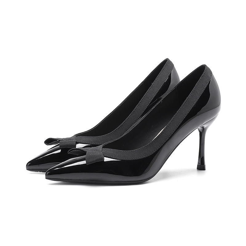 Giày cao gót nữ mũi nhọn da bóng, gót 8 cm, phong cách công sở — Đen-8CM