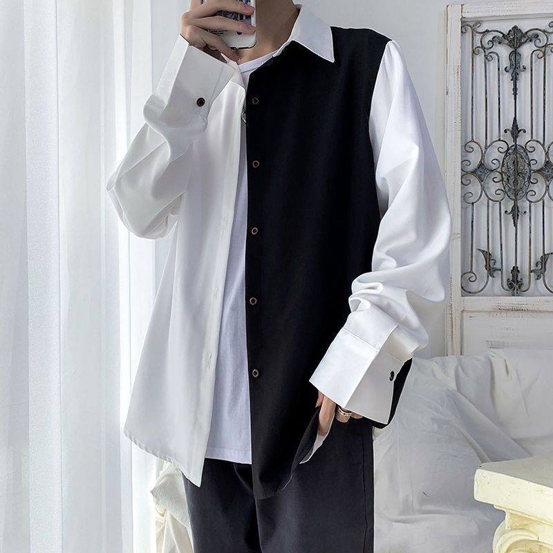 Black and White Design Sense Top Men's Exquisite Korean Style Elegant Shirt High-grade Sense Shirt Men's Long-sleeved Korean Style Fashionable Hair